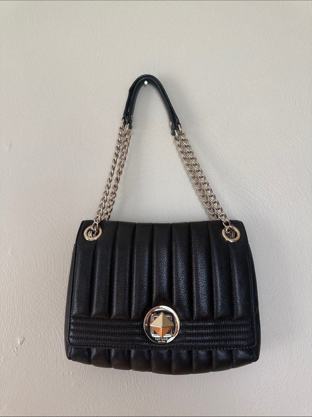 Kate Spade Structured Black Quilted Shoulder Bag with Chain Strap